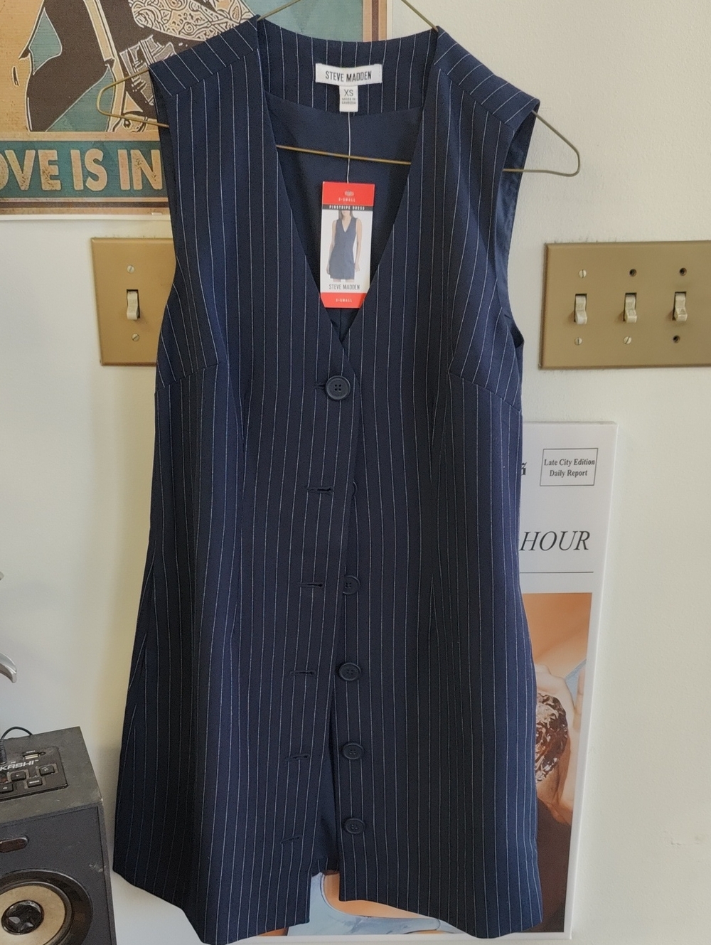 Steve Madden Navy Pinstripe V-Neck Button Front Dress